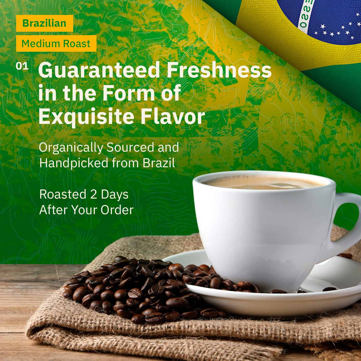 A cup of coffee sits on a saucer surrounded by coffee beans, with text promoting Brazilian medium roast coffee and a partial Brazilian flag in the background.[all]