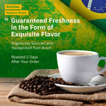 A cup of coffee sits on a saucer surrounded by coffee beans, with text promoting Brazilian medium roast coffee and a partial Brazilian flag in the background.[all]