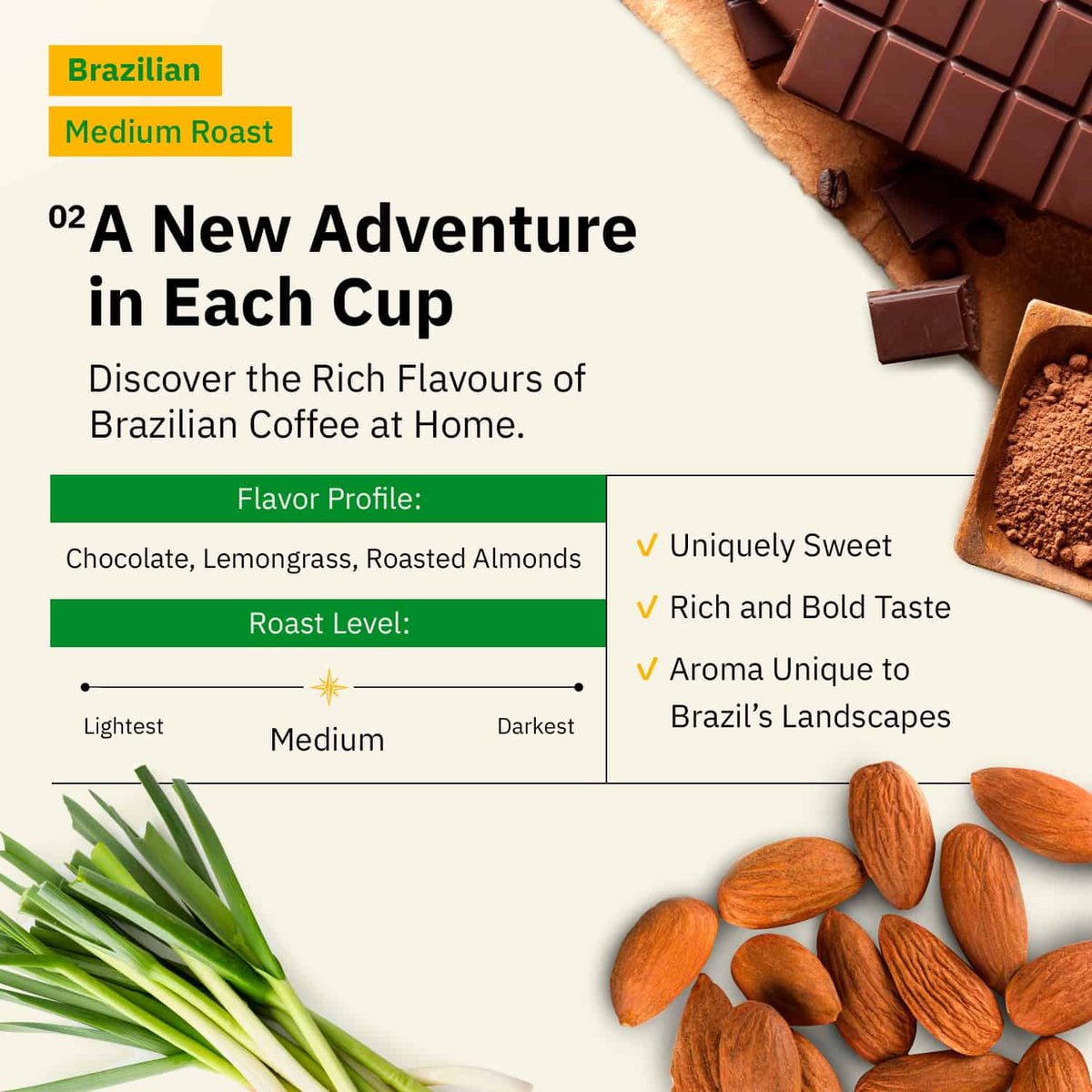 A promotional graphic for Brazilian Medium Roast coffee, highlighting flavor notes of chocolate, lemongrass, and roasted almonds, and listing its unique, bold, and aromatic qualities.[all]
