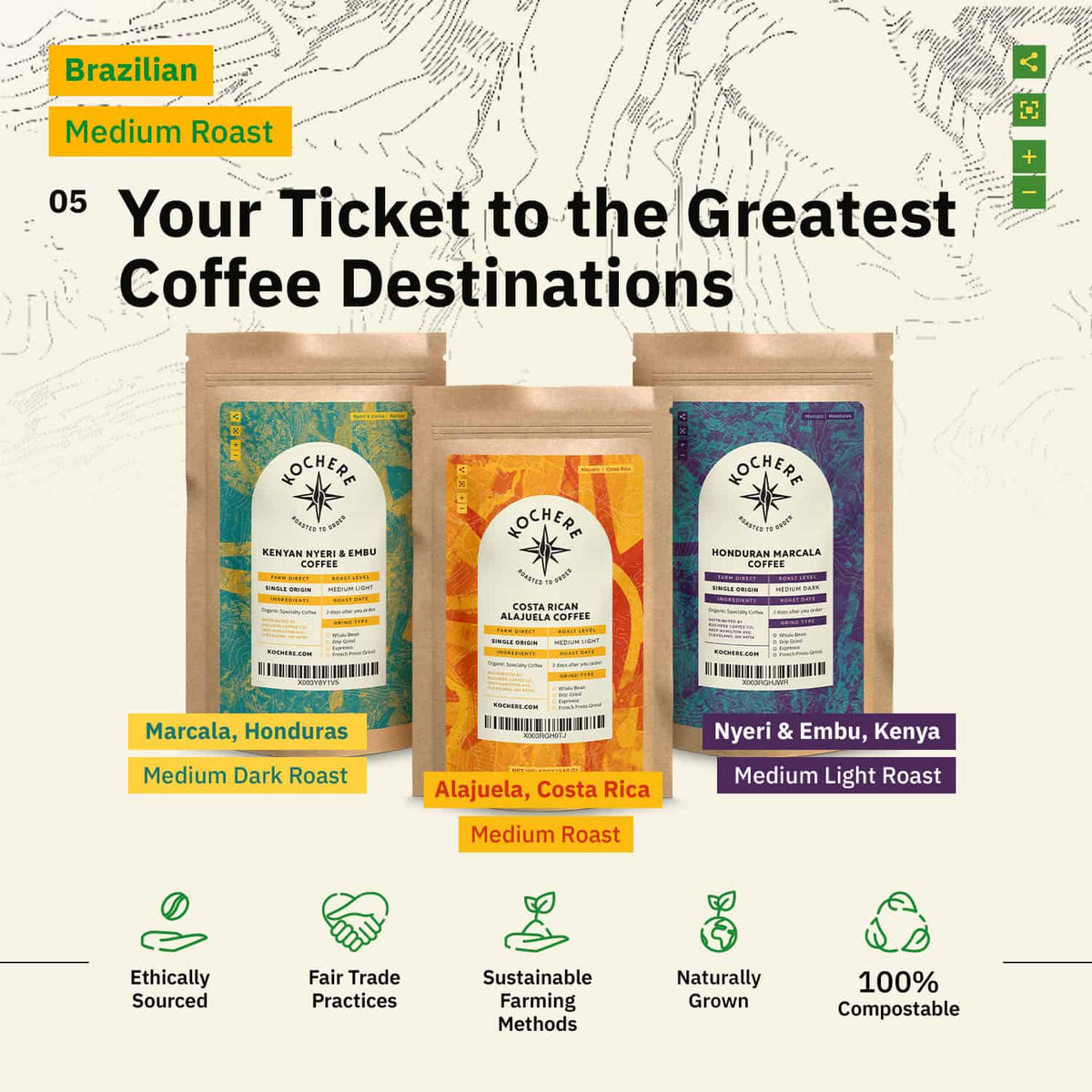 Three bags of Mocheri coffee from Honduras, Costa Rica, and Kenya are displayed upright, surrounded by icons highlighting ethical sourcing and sustainable practices.[all]