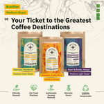 Three bags of Mocheri coffee from Honduras, Costa Rica, and Kenya are displayed upright, surrounded by icons highlighting ethical sourcing and sustainable practices.[all]