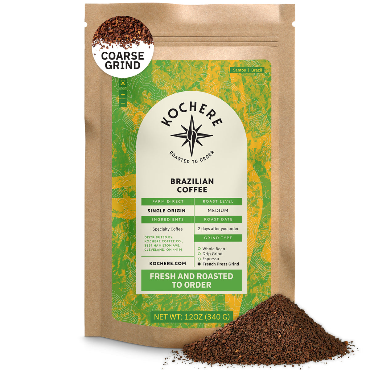 A brown bag of Kochere Coffee Company’s Brazilian Santos Medium Roast, medium grind, 12oz with a green label, featuring smooth, elegant cocoa notes and a pile of ground low acid coffee in front.[12 oz][coarse grind]