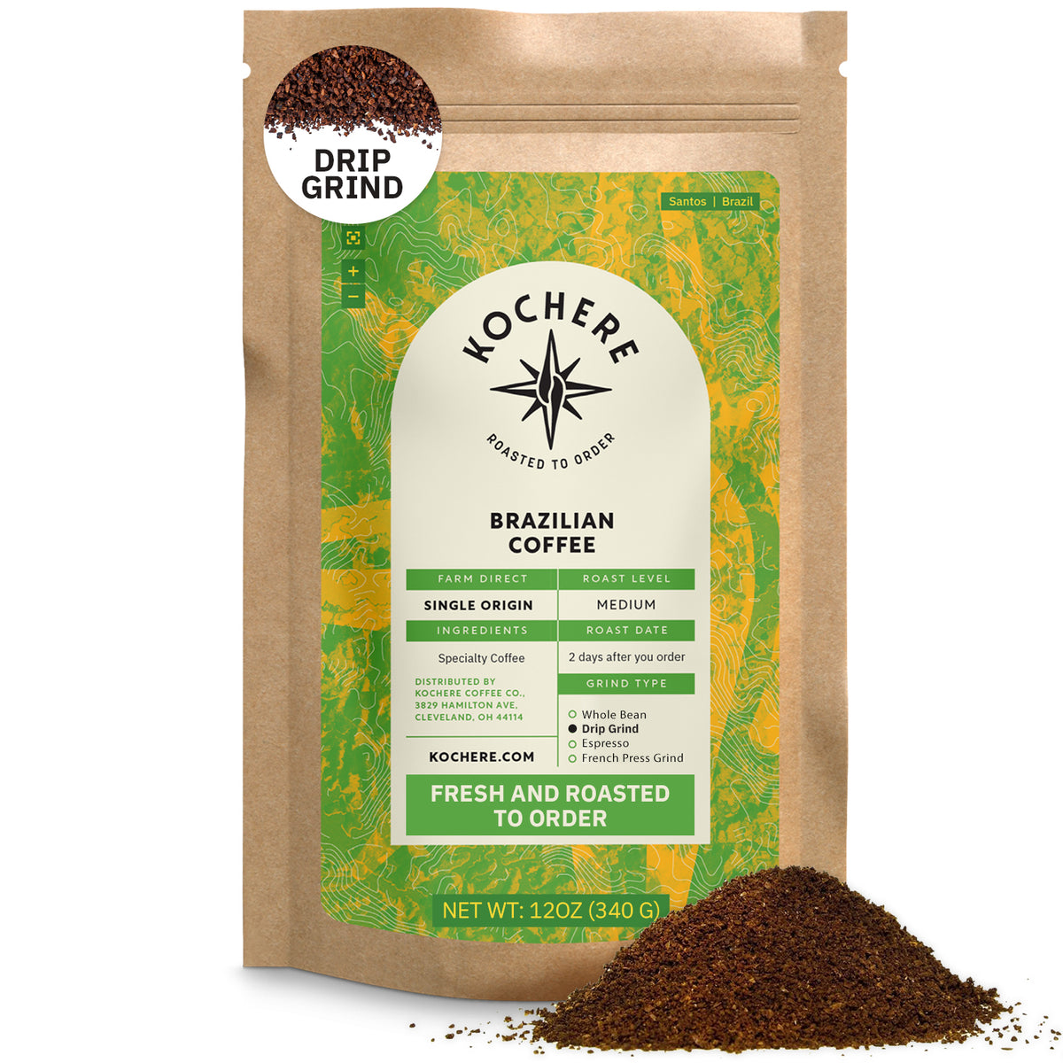A 12 oz bag of Kochere Coffee Company’s Brazilian Santos Medium Roast, single origin drip grind, with ground coffee spilled in front. The label highlights its smooth, elegant flavor with cocoa notes, origin, and freshness for a bold coffee experience. [12 oz][drip grind]
