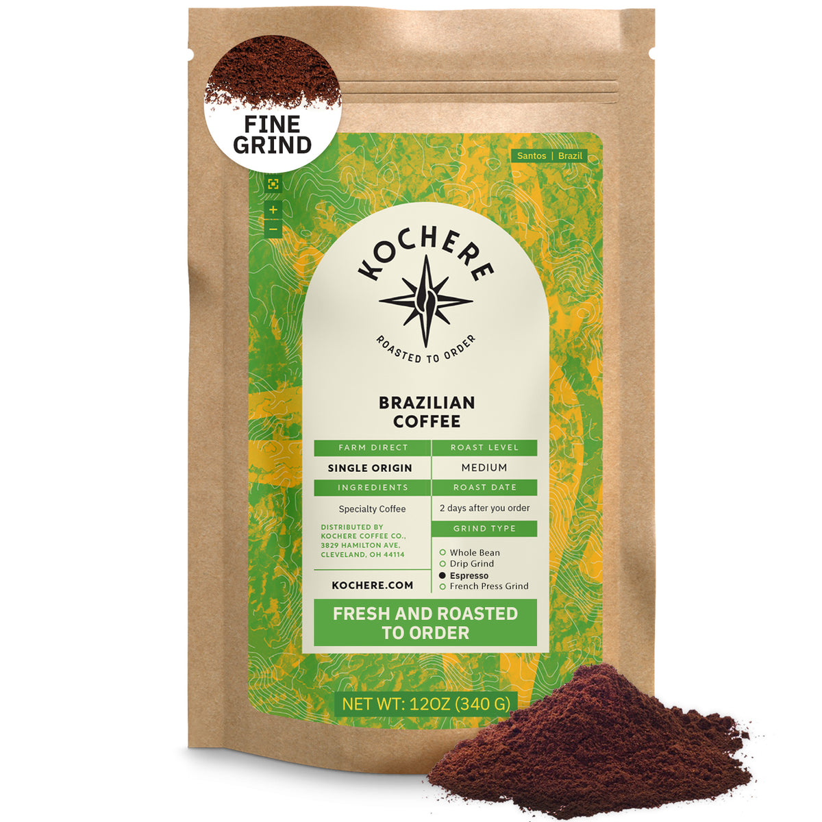 A 12oz bag of Kochere Coffee Brazilian Santos Medium Roast from Kochere Coffee Company, featuring a fine grind and green label with origin, roast level, and freshness details; ground coffee is displayed in front. Savor smooth cocoa notes every cup.[12 oz][fine grind]