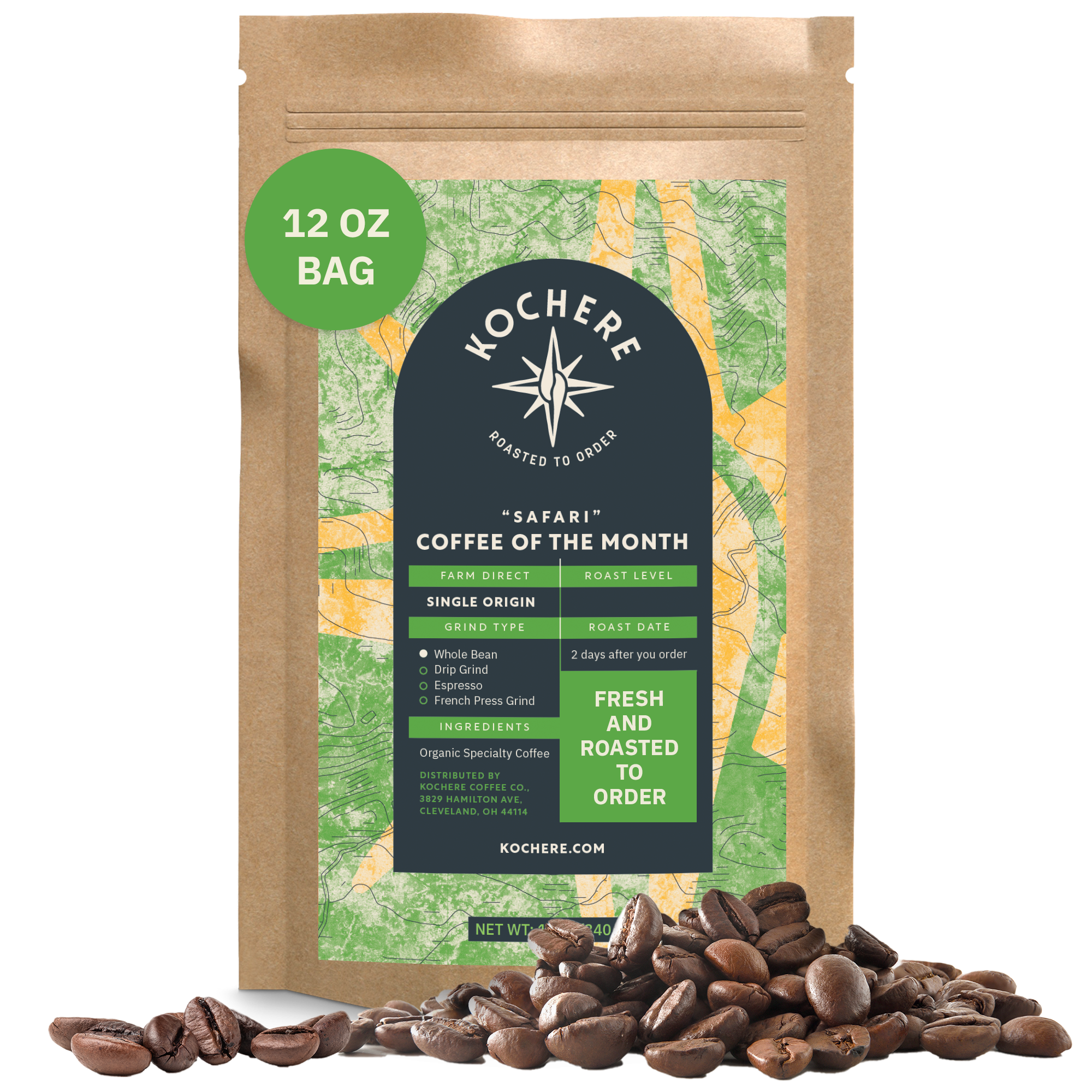 A 12 oz bag of Kochere Coffee Company's Safari "Coffee of the Month" Club sits upright with scattered beans, highlighting its fresh-roasted, single-origin whole beans—ideal for any coffee lover’s subscription.[12 oz][Whole Bean]