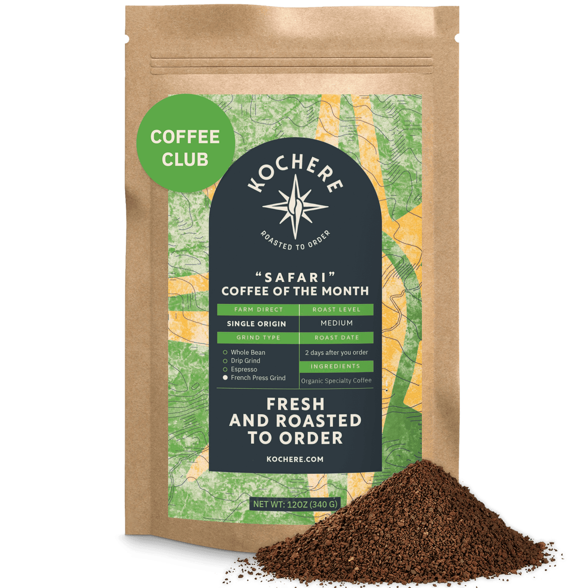 A 12 oz bag of Kochere Coffee Company’s Safari "Coffee of the Month" Club—Fresh Roasted Single Origin Subscription, medium roast, with a pile of ground coffee in front of the package.