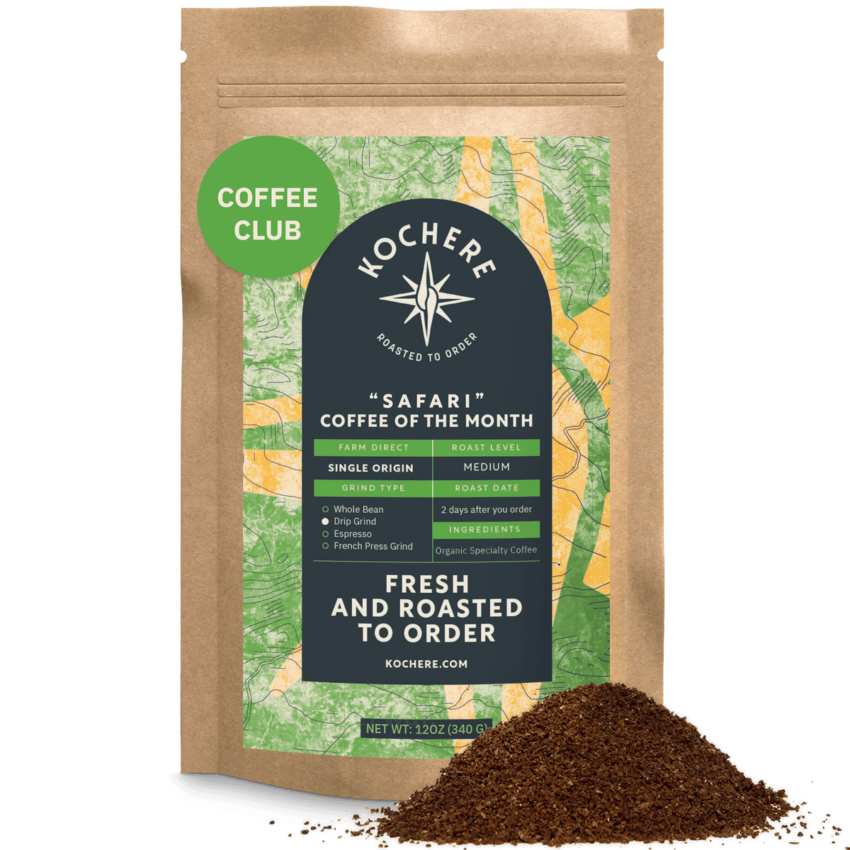 A brown bag labeled "Kochere Safari 'Coffee of the Month' Club" from Kochere Coffee Company sits with ground coffee in front, detailing roast level, single origin info, and club perks—ideal for your next fresh roasted coffee subscription.