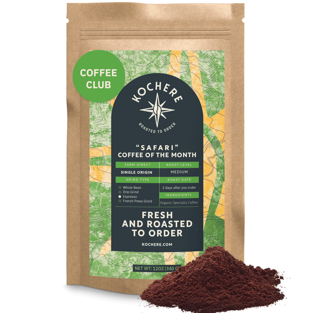 A brown bag labeled "Kochere Safari 'Coffee of the Month' Club - Fresh Roasted Single Origin Subscription" by Kochere Coffee Company sits beside ground coffee, featuring a green Coffee Club sticker—ideal for coffee subscription fans.