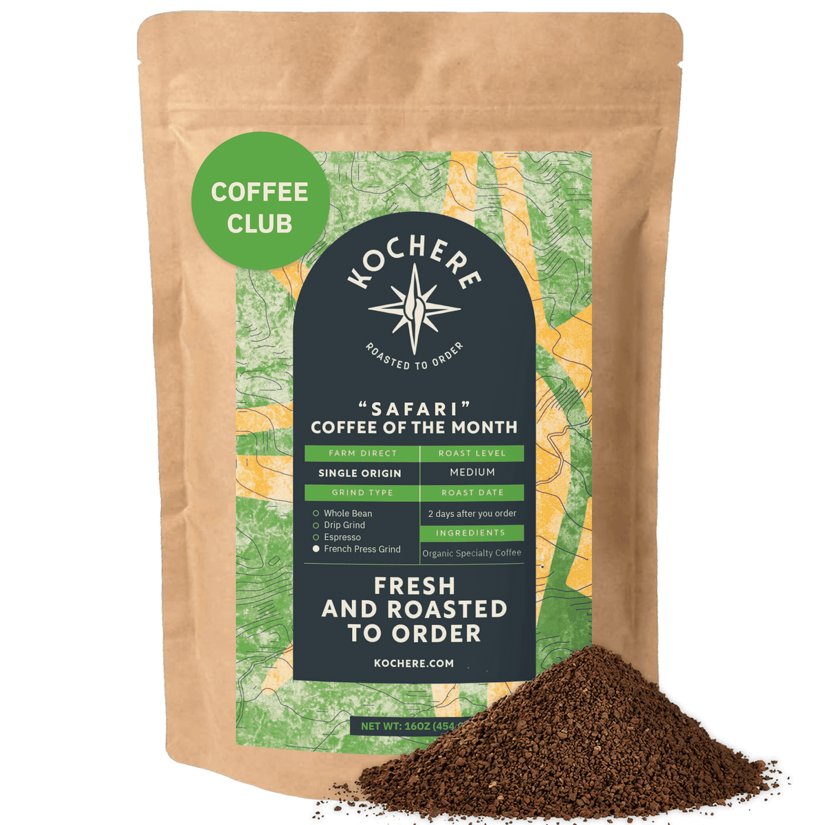 A 1 LB bag of Kochere Coffee Company’s Safari "Coffee of the Month" Club—Fresh Roasted Single Origin Subscription, medium roast, with a pile of ground coffee in front of the package. [1LB][coarse grind]
