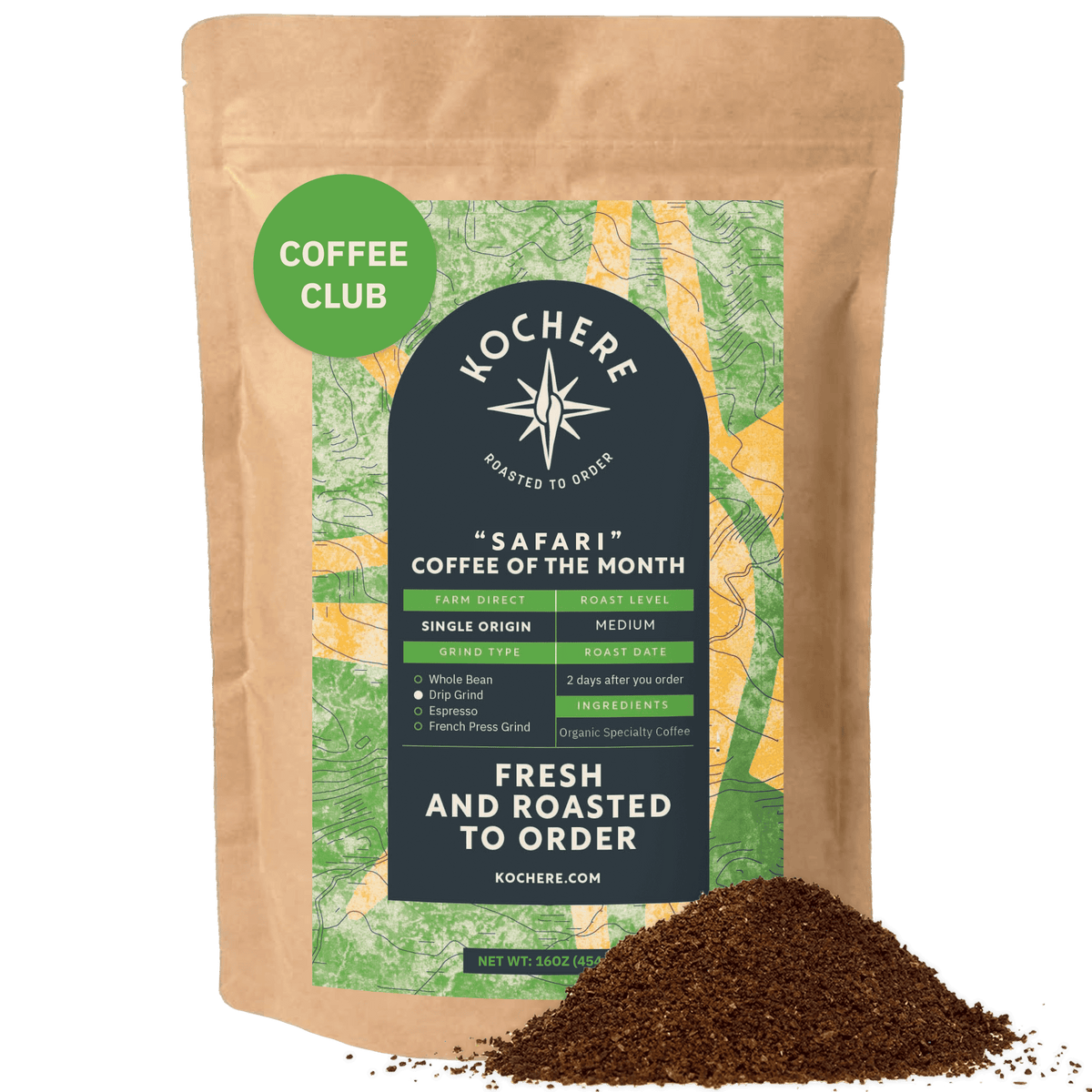 A bag of Kochere Coffee Company’s Safari "Coffee of the Month" Club—fresh roasted, single origin, medium roast—perfect for your coffee subscription or monthly pick. Ground coffee included; always fresh and roasted to order.