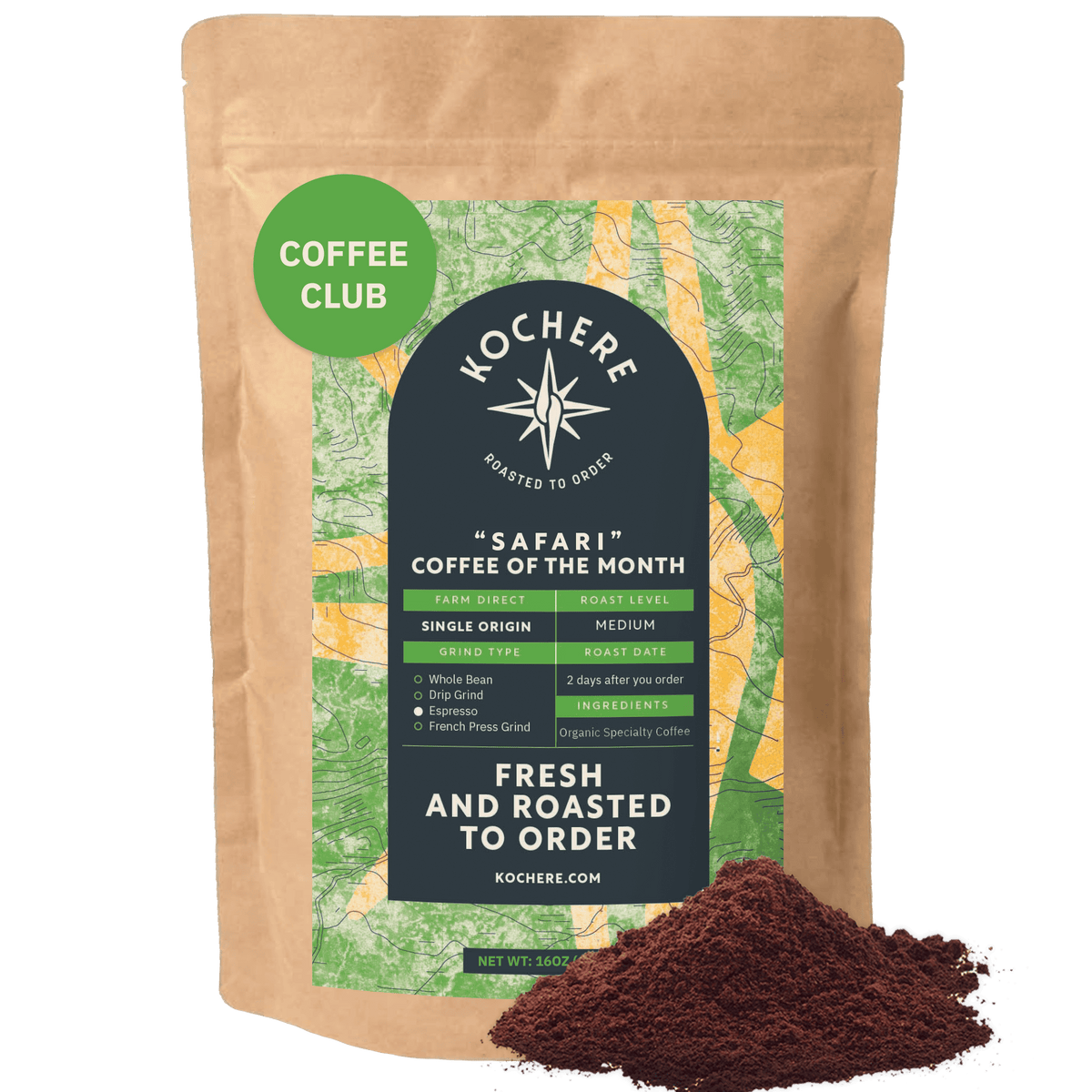 A bag of Kochere Coffee Company's Kochere Safari "Coffee of the Month" Club with fresh, roast-to-order single-origin ground coffee—ideal for any subscription.[1LB][fine grind]