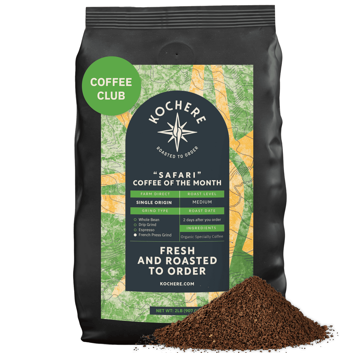 A 2 LB bag of Kochere Coffee Company’s Safari "Coffee of the Month" Club—Fresh Roasted Single Origin Subscription, medium roast, with a pile of ground coffee in front of the package. [2LB][coarse grind]
