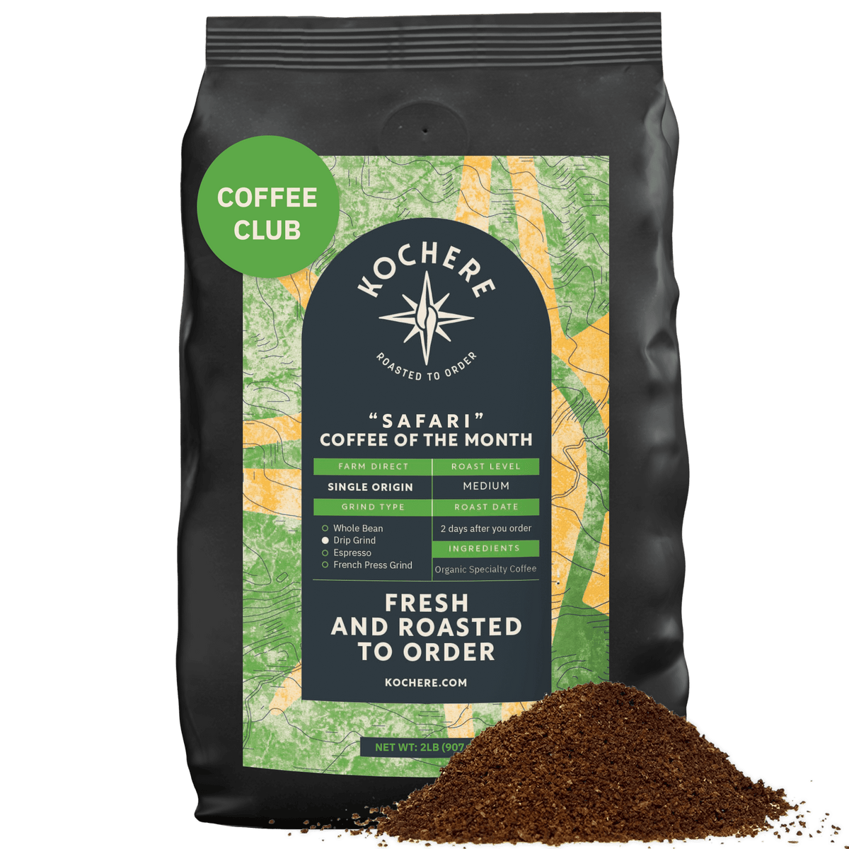 A bag of Kochere Coffee Company’s Kochere Safari "Coffee of the Month" Club—Fresh Roasted Single Origin Subscription sits beside fresh grounds, ready to elevate your next coffee subscription experience.[2LB][drip grind]