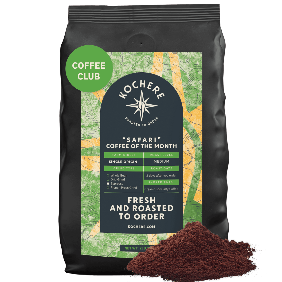 Kochere Coffee Company’s Safari "Coffee of the Month" Club features a 2lb bag of fresh, single-origin medium roast with a green and yellow label. Details on origin, roast, and freshness make it ideal for any coffee subscription or monthly club.[2LB][fine grind]
