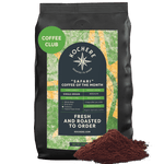Kochere Coffee Company’s Safari "Coffee of the Month" Club features a 2lb bag of fresh, single-origin medium roast with a green and yellow label. Details on origin, roast, and freshness make it ideal for any coffee subscription or monthly club.[2LB][fine grind]