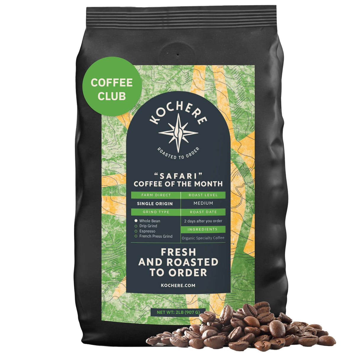 A 2 LB bag of Kochere Coffee Company's Safari "Coffee of the Month" Club sits upright with scattered beans, highlighting its fresh-roasted, single-origin whole beans—ideal for any coffee lover’s subscription.[2LB][Whole Bean]