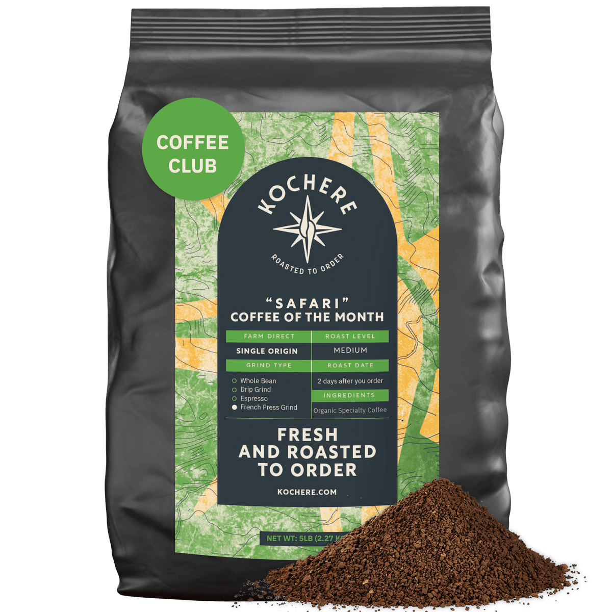 A 5 LB bag of Kochere Coffee Company’s Safari "Coffee of the Month" Club—Fresh Roasted Single Origin Subscription, medium roast, with a pile of ground coffee in front of the package. [5LB][coarse grind]