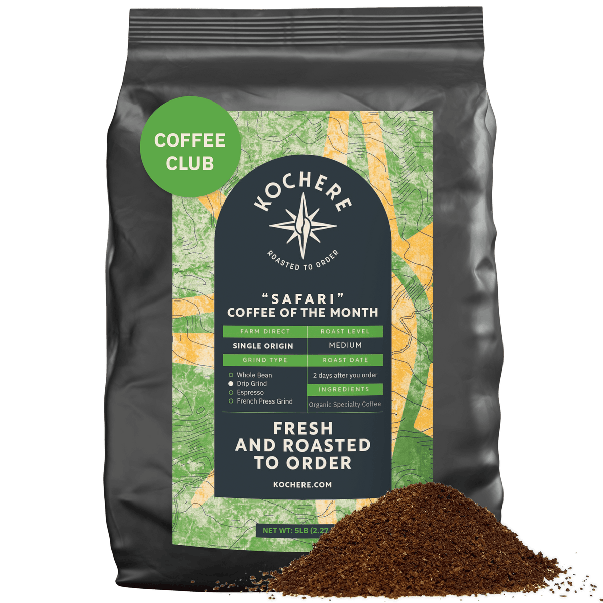 A black bag labeled "Kochere Safari 'Coffee of the Month' Club" by Kochere Coffee Company sits behind fresh ground coffee, highlighting single-origin, fresh-roasted details perfect for your next coffee subscription.