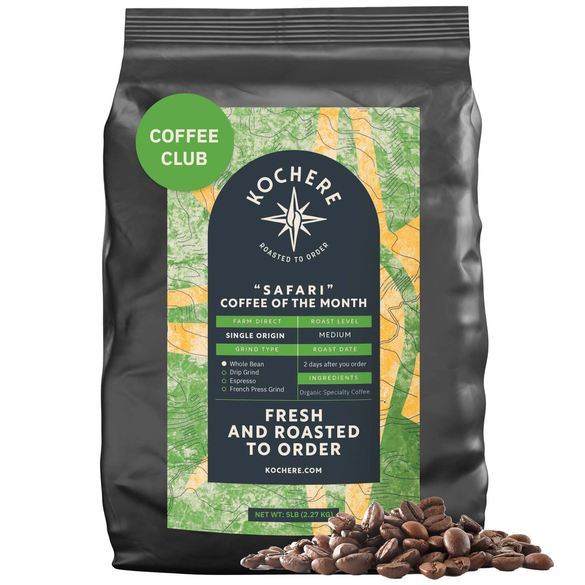 A 5 LB bag of Kochere Coffee Company's Safari "Coffee of the Month" Club sits upright with scattered beans, highlighting its fresh-roasted, single-origin whole beans—ideal for any coffee lover’s subscription.[5LB][Whole Bean]