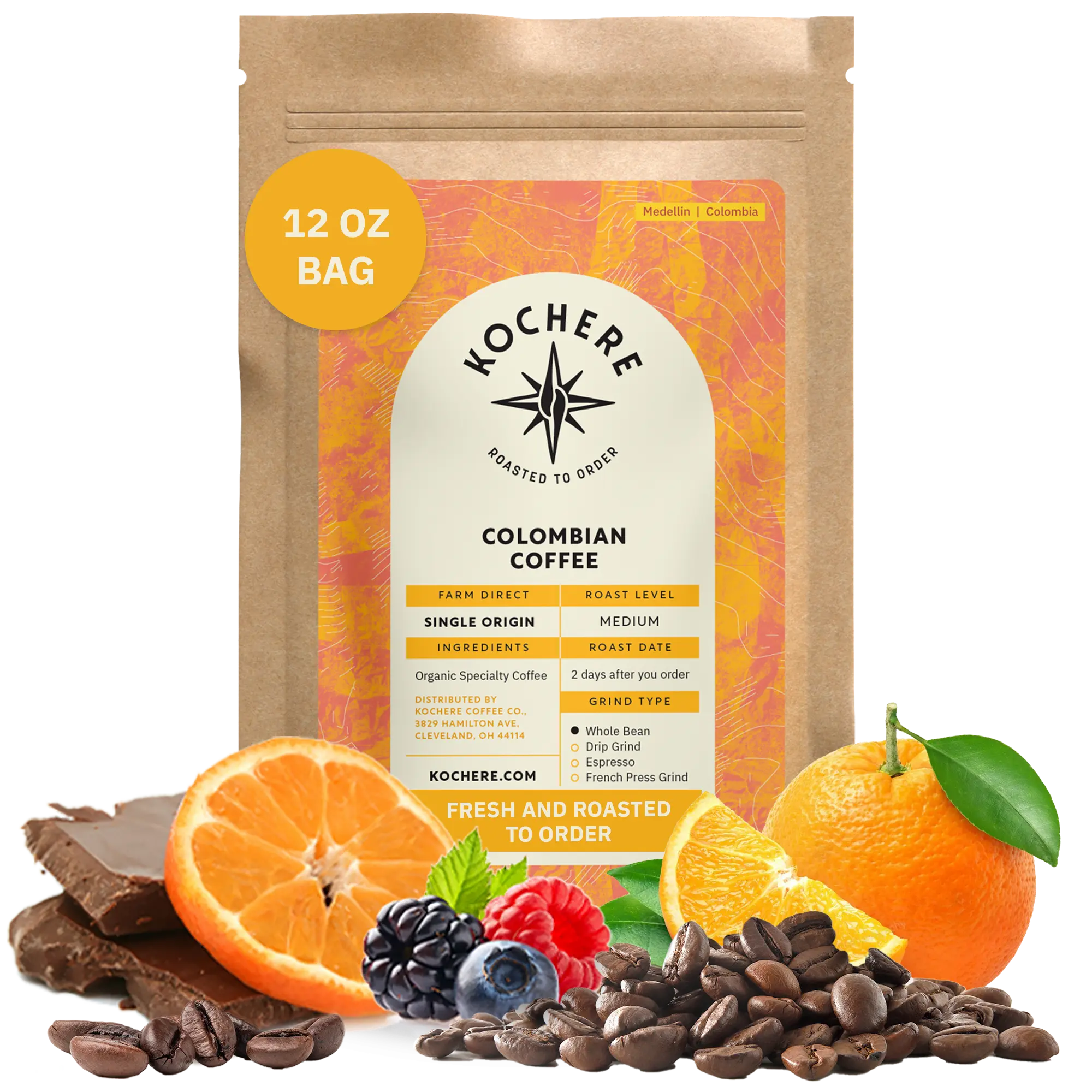 Bag of Kochere Single Origin Colombian medium roast coffee, displayed with rich chocolate, fresh oranges, and sweet mixed berries to represent its vibrant flavor profile. [12 oz][Whole Bean]