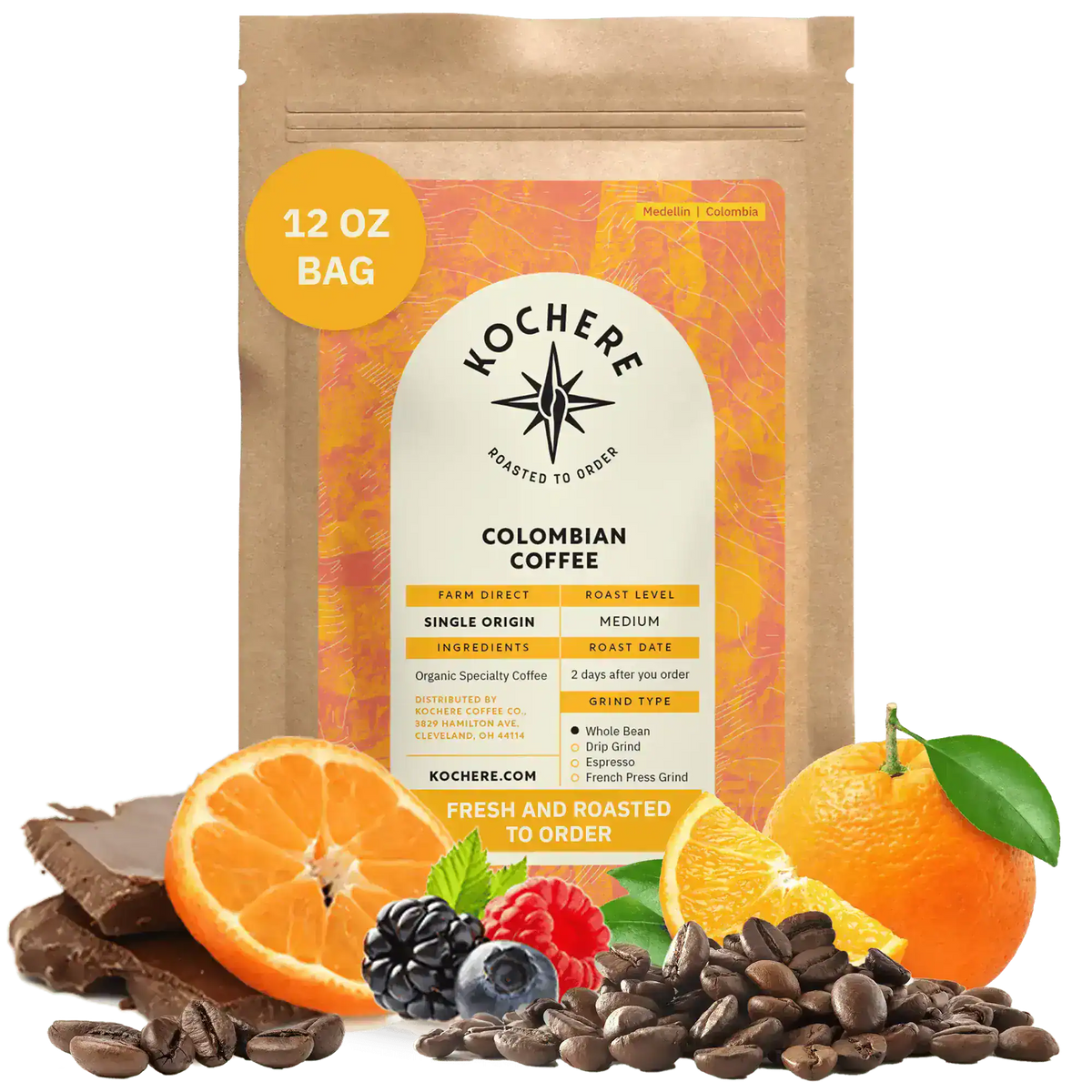 Bag of Kochere Single Origin Colombian medium roast coffee, displayed with rich chocolate, fresh oranges, and sweet mixed berries to represent its vibrant flavor profile. [12 oz][Whole Bean]