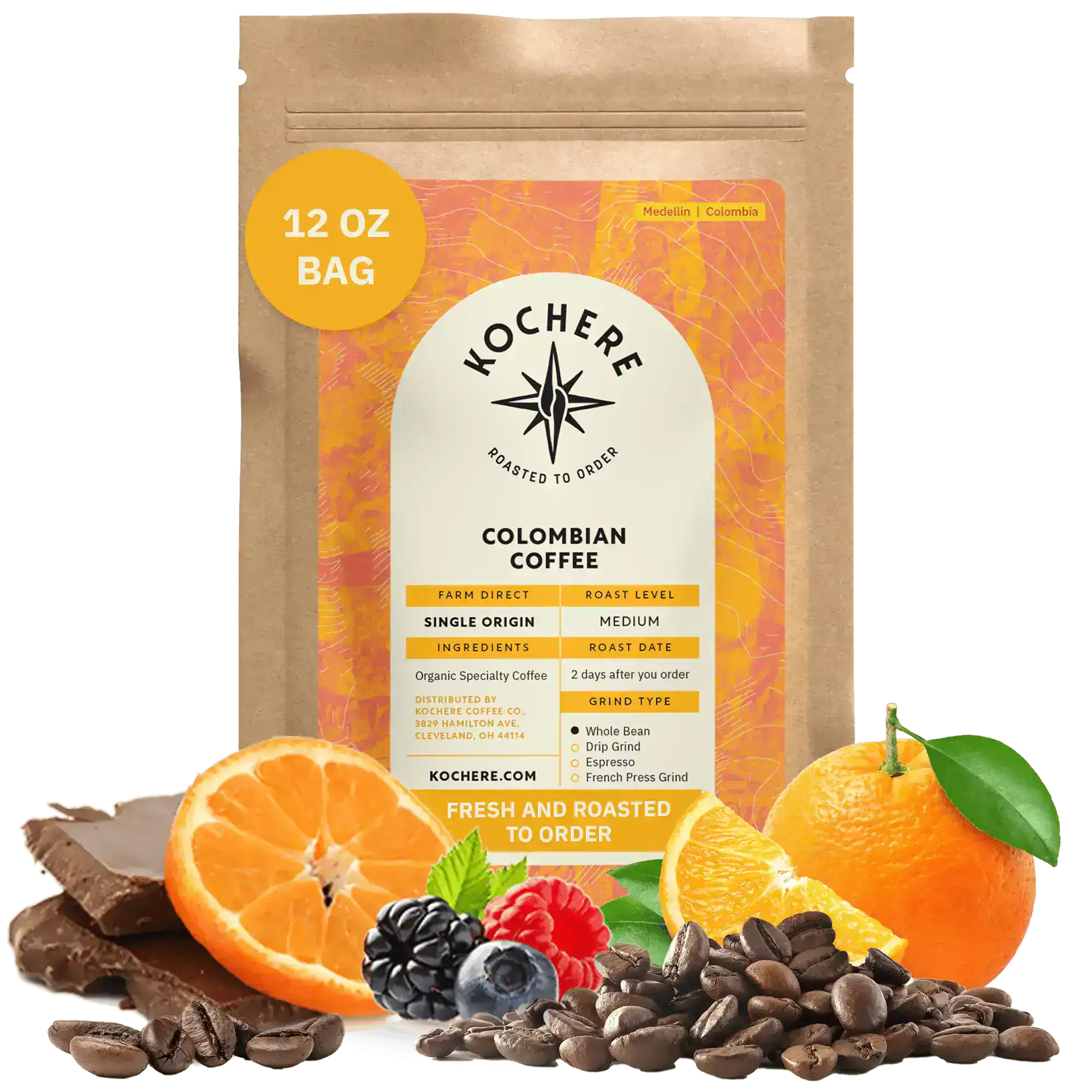 Bag of Kochere Single Origin Colombian medium roast coffee, displayed with rich chocolate, fresh oranges, and sweet mixed berries to represent its vibrant flavor profile. [12 oz][Whole Bean]