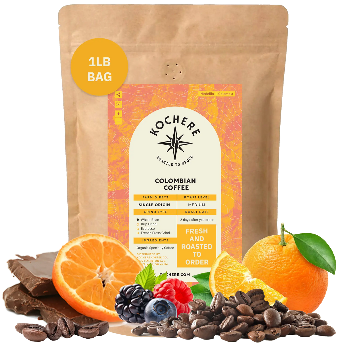 Bag of Kochere Single Origin Colombian medium roast coffee, displayed with rich chocolate, fresh oranges, and sweet mixed berries to represent its vibrant flavor profile. [1LB][Whole Bean]