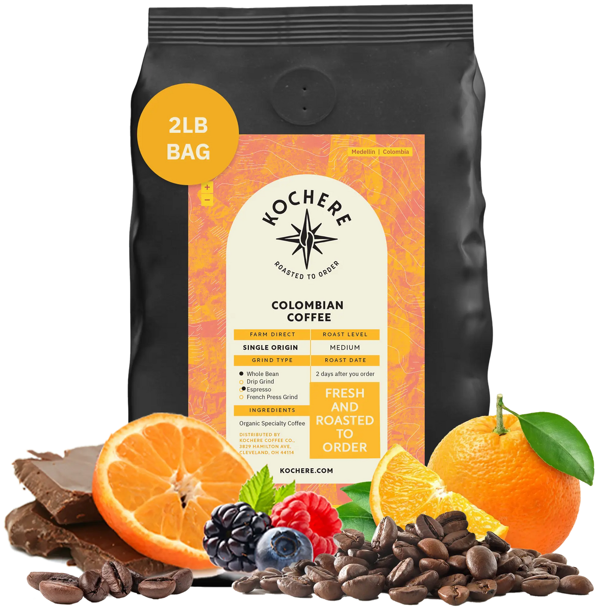 Bag of Kochere Single Origin Colombian medium roast coffee, displayed with rich chocolate, fresh oranges, and sweet mixed berries to represent its vibrant flavor profile. [2LB][Whole Bean]