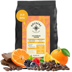 Bag of Kochere Single Origin Colombian medium roast coffee, displayed with rich chocolate, fresh oranges, and sweet mixed berries to represent its vibrant flavor profile. [2LB][Whole Bean]