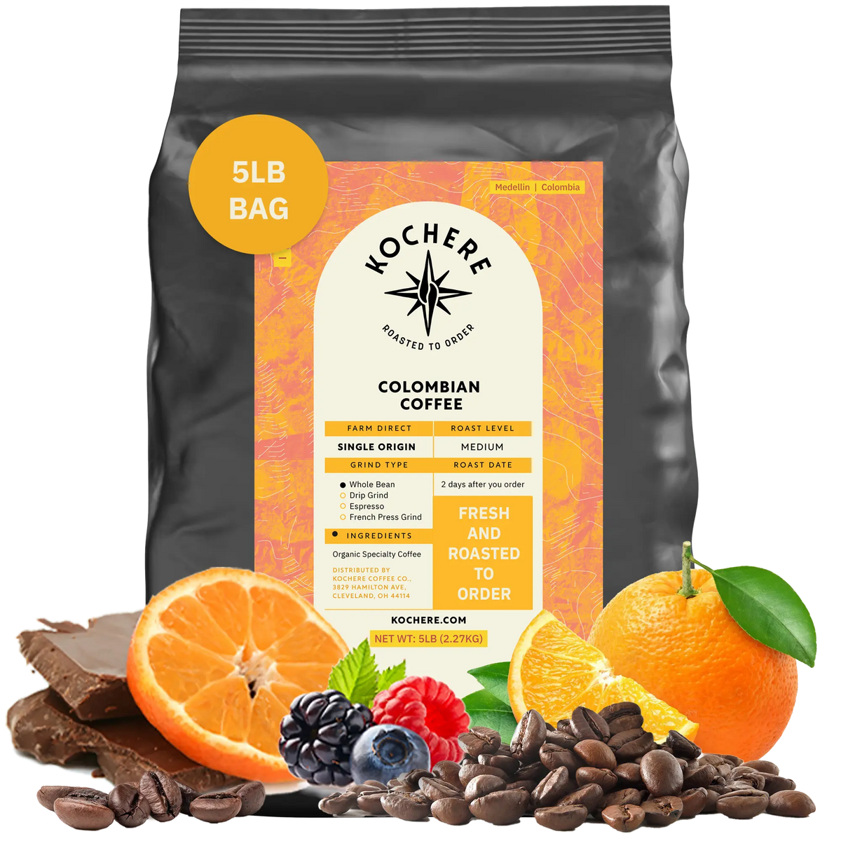 Bag of Kochere Single Origin Colombian medium roast coffee, displayed with rich chocolate, fresh oranges, and sweet mixed berries to represent its vibrant flavor profile. [5LB][Whole Bean]