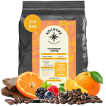 Bag of Kochere Single Origin Colombian medium roast coffee, displayed with rich chocolate, fresh oranges, and sweet mixed berries to represent its vibrant flavor profile. [5LB][Whole Bean]