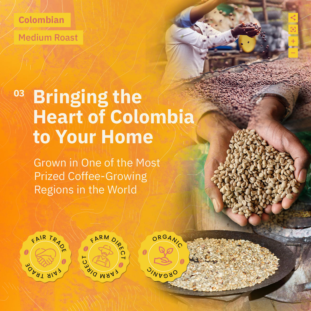 Ad for Colombian Medium Roast coffee featuring the national flag, alongside a white coffee cup and roasted beans sitting on burlap over a wooden table. [all]