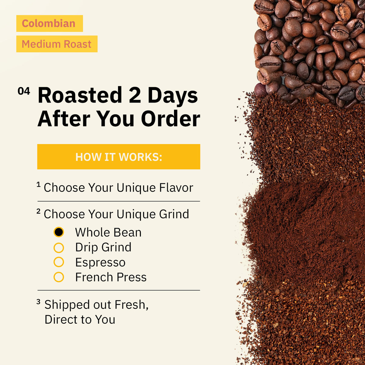 Ad for Colombian Medium Roast coffee featuring the national flag, alongside a white coffee cup and roasted beans sitting on burlap over a wooden table. [all]