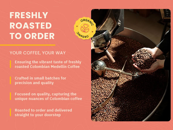 A person roasts Colombian coffee beans in a large machine, with text highlighting fresh, organic, small-batch, made-to-order coffee delivered to your doorstep.