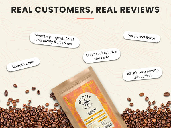 Bag of Coffee Koherence Colombian Decaf coffee surrounded by coffee beans with customer reviews praising the flavor and taste in speech bubbles.