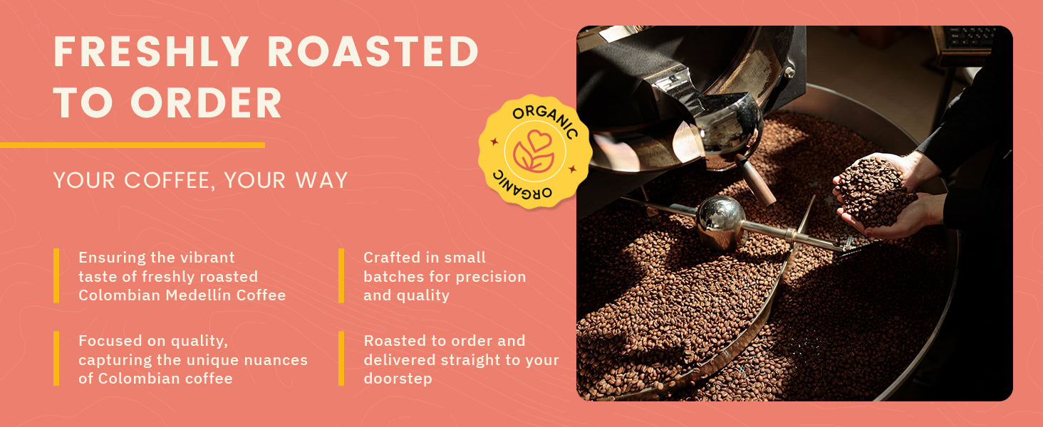 A person roasts Colombian coffee beans in a large machine, with text highlighting fresh, organic, small-batch, made-to-order coffee delivered to your doorstep.
