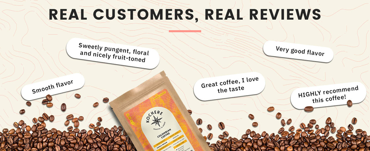 Bag of Coffee Koherence Colombian Decaf coffee surrounded by coffee beans with customer reviews praising the flavor and taste in speech bubbles.