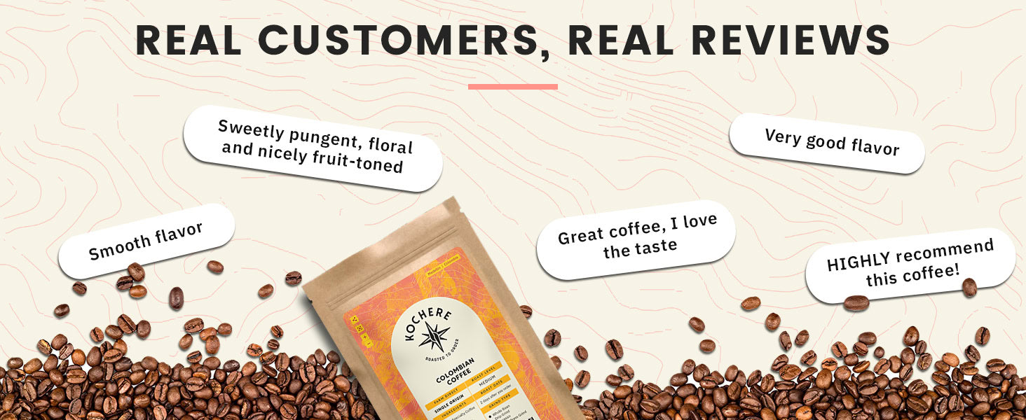 Bag of Coffee Koherence Colombian Decaf coffee surrounded by coffee beans with customer reviews praising the flavor and taste in speech bubbles.