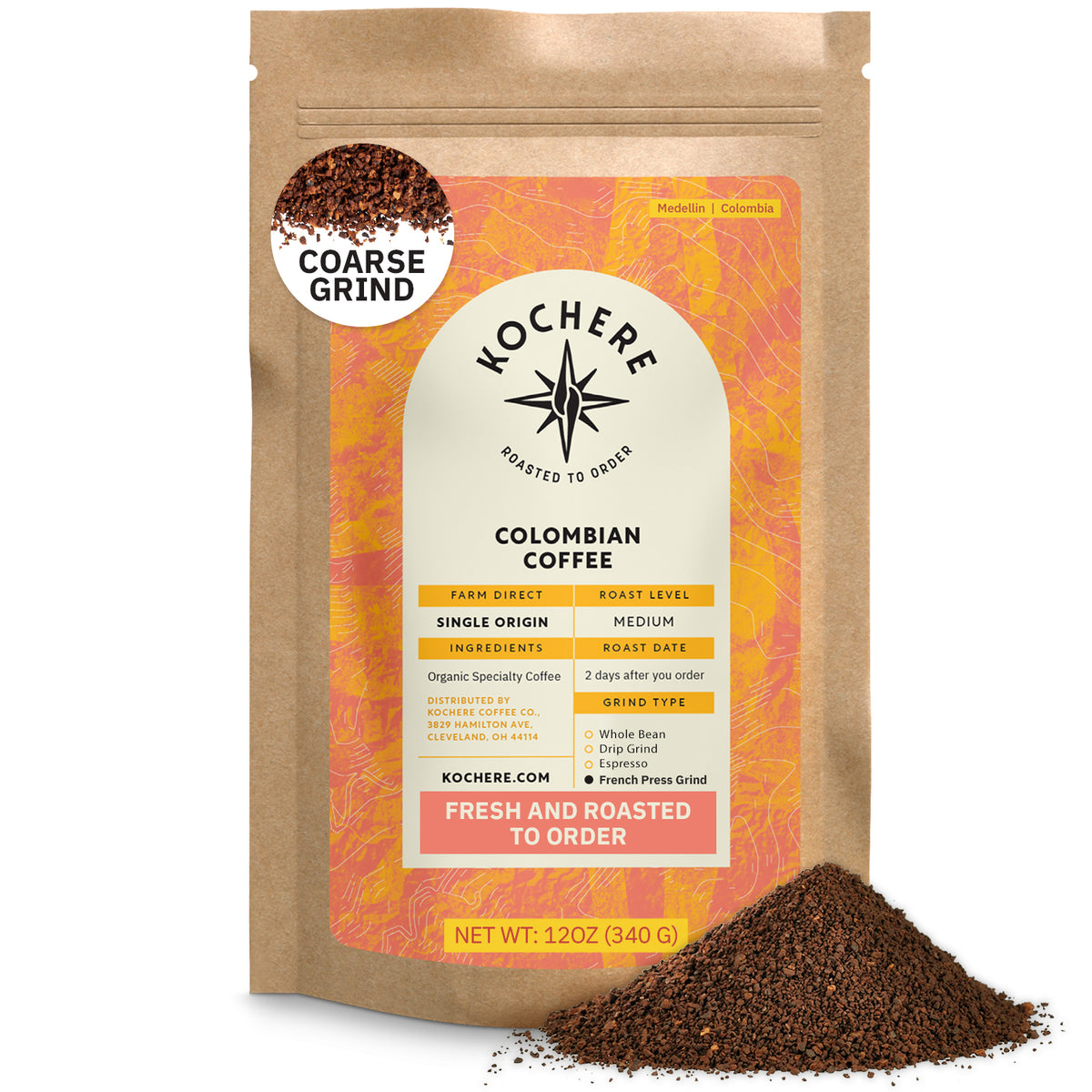 A 12oz bag of Kochere Coffee Company's Colombian Medellin Single Origin Medium Roast, featuring dried orange and berry notes, coarse grind with some grounds spilled in front; packaging shows origin, roast level, and grind type.[12 oz][coarse grind]
