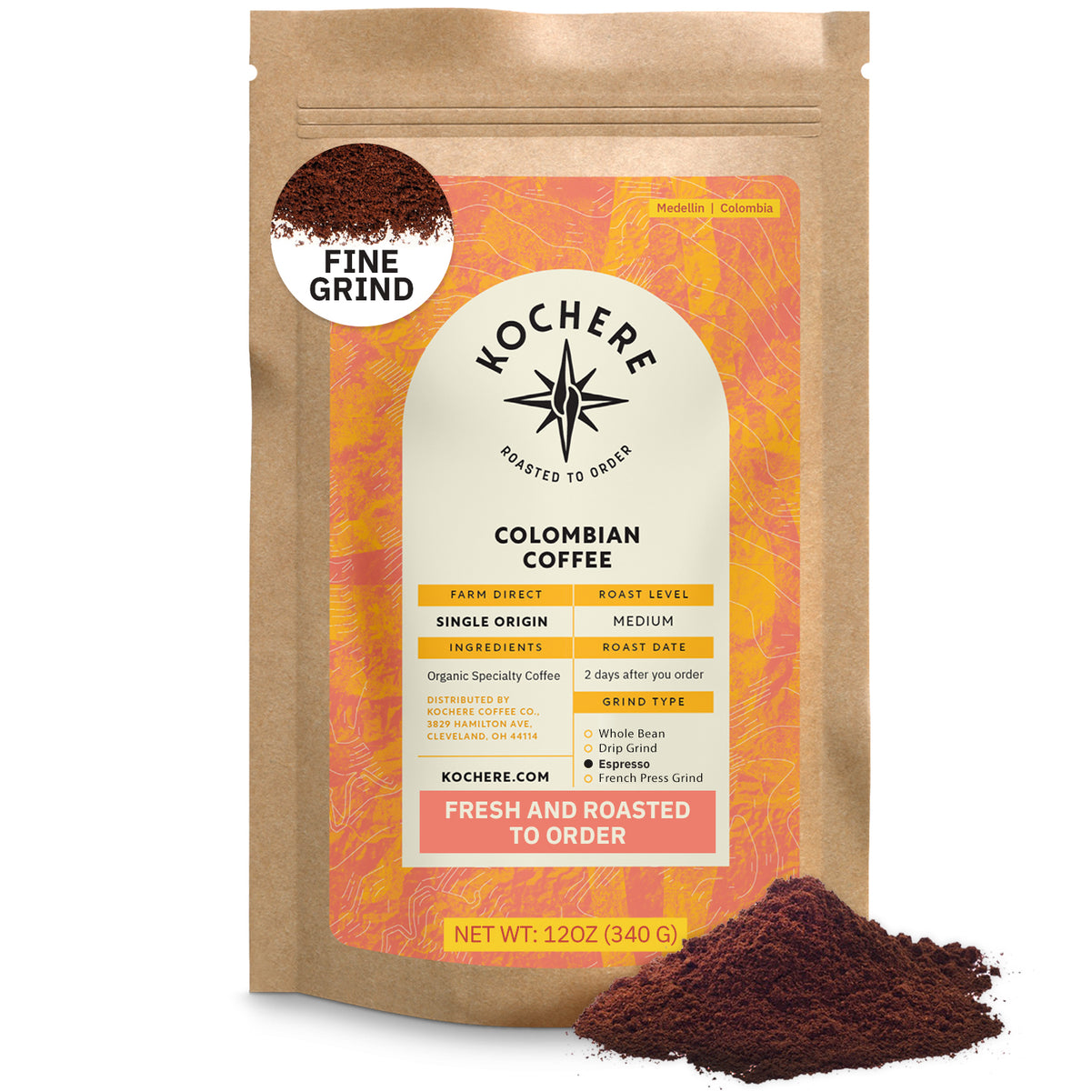 A 12 oz bag of Kochere Coffee Colombian Medellin Single Origin Medium Roast by Kochere Coffee Company, fine grind with dried orange and berry notes, features rich ground coffee shown in front of the package. [12 oz][fine grind]