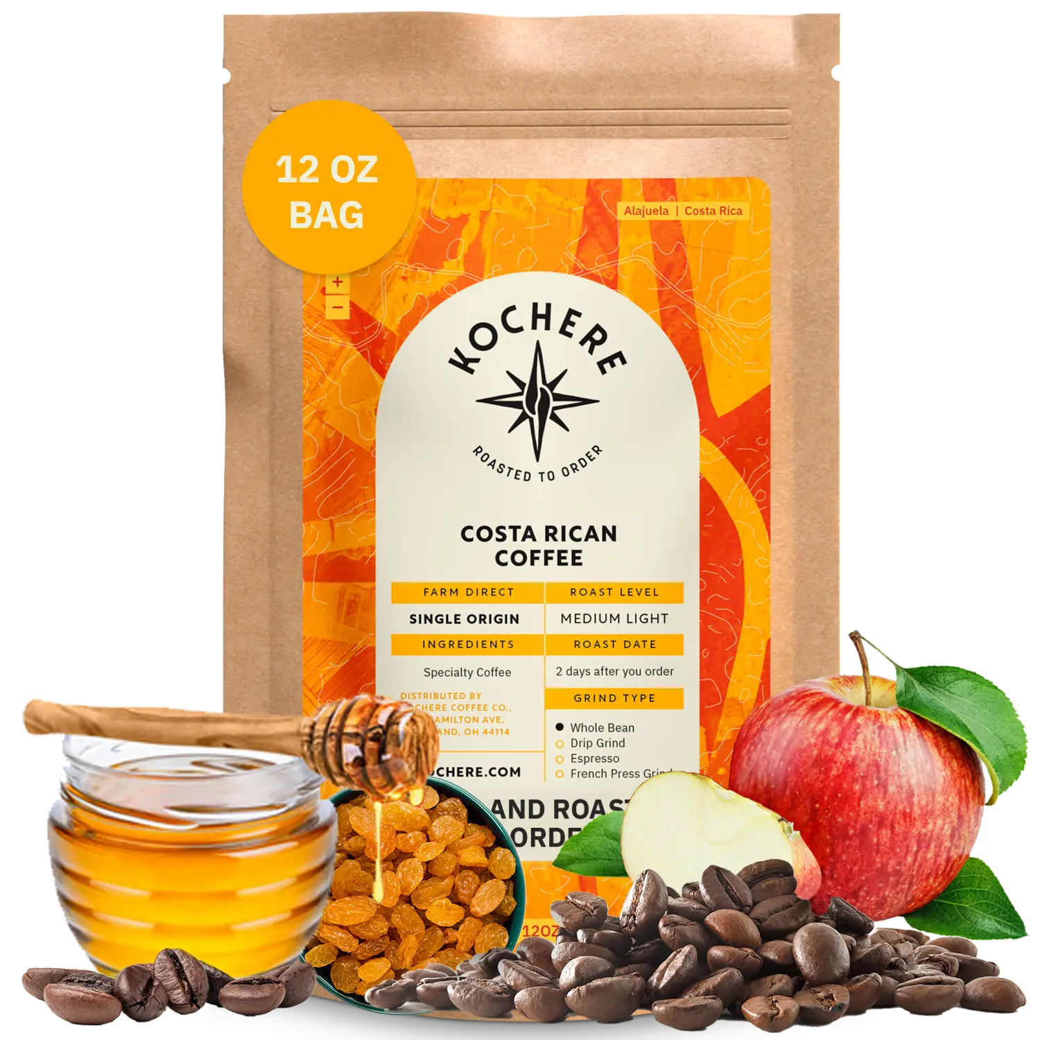 Bag of Kochere Single Origin Costa Rican medium-light roast coffee, displayed with sweet honey, golden raisins, and crisp red apples to represent its bright and sweet flavor profile. [12 oz][Whole Bean]