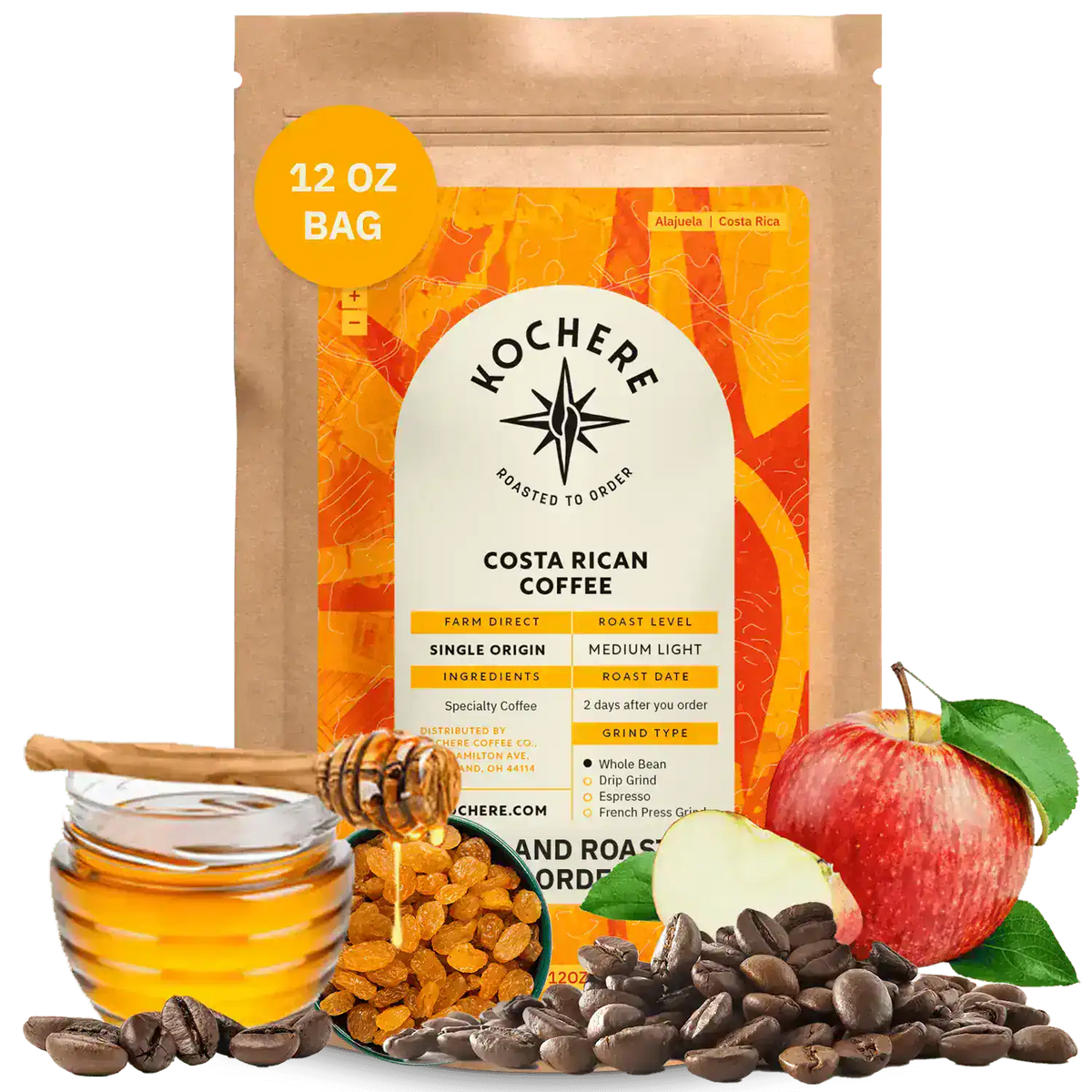 A 12 oz bag of Kochere Coffee Company’s Costa Rican Alajuela Medium Roast is displayed with coffee beans, a red apple, raisins, and caramel pieces, highlighting its sweet apple and raisin notes.[12 oz][Whole Bean]
