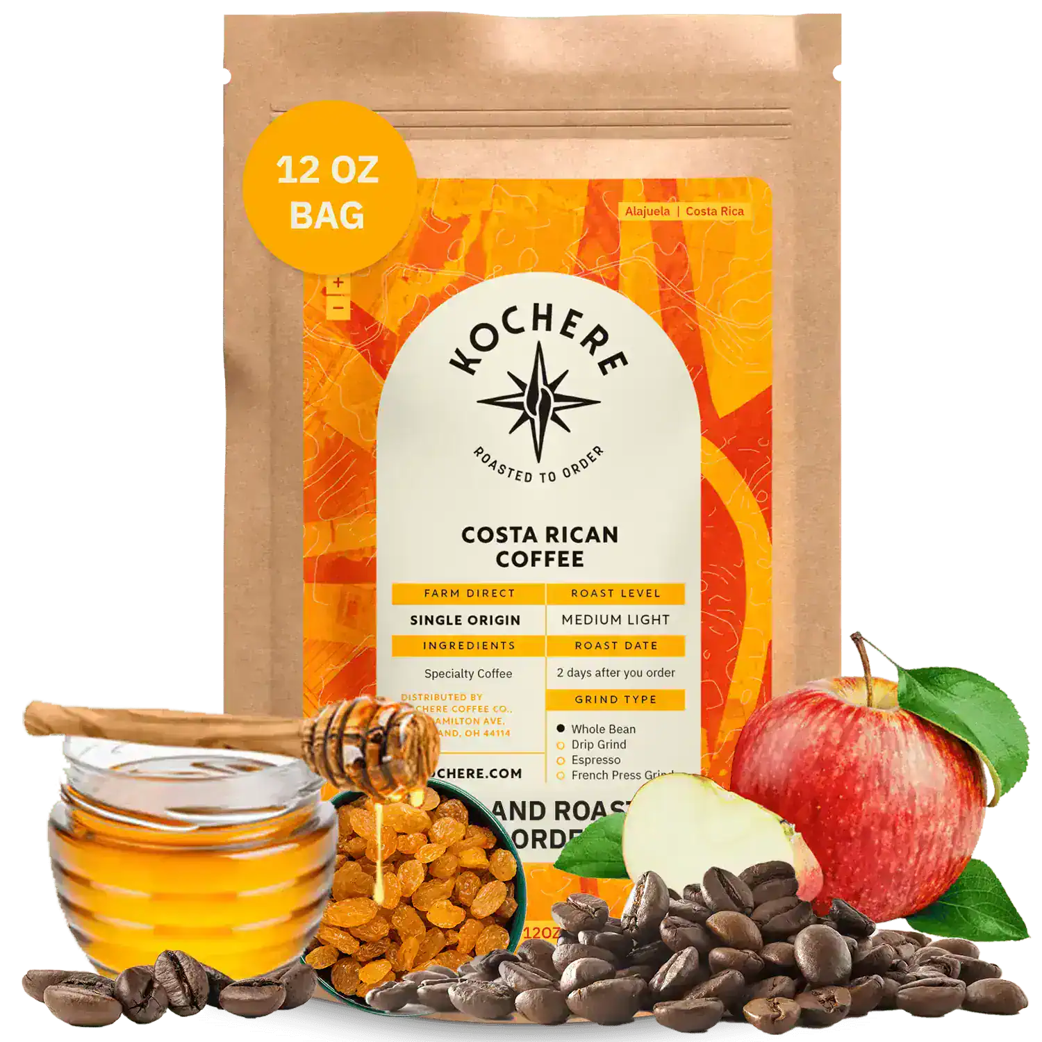 A 12 oz bag of Kochere Coffee Company’s Costa Rican Alajuela Medium Roast is displayed with coffee beans, a red apple, raisins, and caramel pieces, highlighting its sweet apple and raisin notes.[12 oz][Whole Bean]