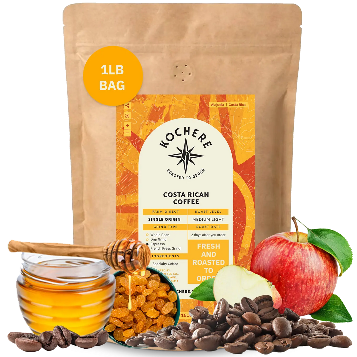 A 1lb bag of Kochere Coffee Costa Rican Alajuela Medium Roast by Kochere Coffee Company is showcased with coffee beans, red apple, honey, and raisins in front to highlight its sweet apple and raisin notes.[1LB][Whole Bean]