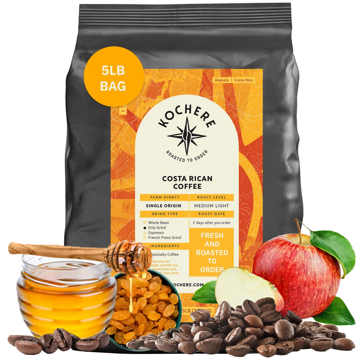 Enjoy a 5lb bag of Kochere Coffee Costa Rican Alajuela Medium Roast by Kochere Coffee Company, featuring sweet apple and raisin notes with vibrant flavor, highlighted by images of honey, golden raisins, apples, and coffee beans.[5LB][Whole Bean]