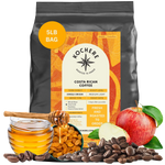 Enjoy a 5lb bag of Kochere Coffee Costa Rican Alajuela Medium Roast by Kochere Coffee Company, featuring sweet apple and raisin notes with vibrant flavor, highlighted by images of honey, golden raisins, apples, and coffee beans.[5LB][Whole Bean]