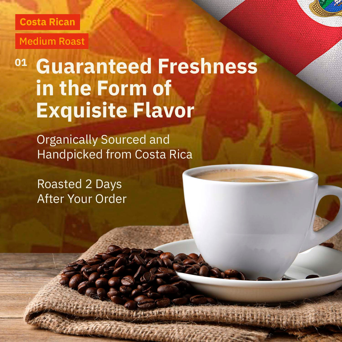 A cup of Kochere Coffee Costa Rican Alajuela Medium Roast sits on a saucer with coffee beans and a Costa Rican flag, showcasing vibrant, organic flavors with sweet apple and raisin notes from Kochere Coffee Company.[all]