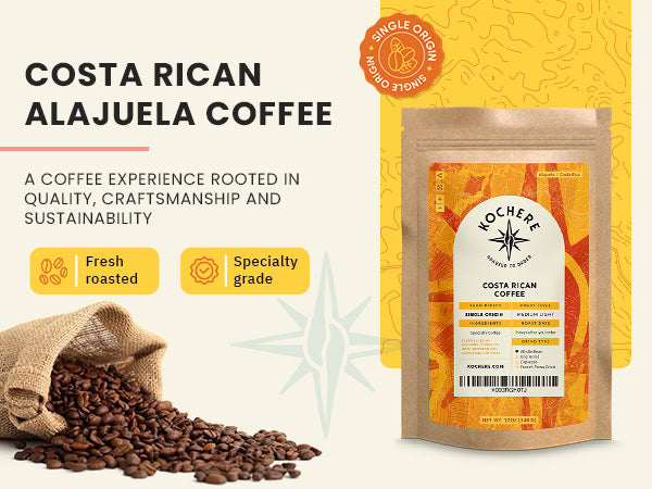 A bag of Costa Rican Alajuela coffee stands next to a burlap sack spilling roasted coffee beans; labels indicate single origin, fresh roasted, and specialty grade.
