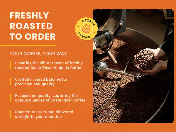 A person uses a metal scoop to stir coffee beans roasting in a large machine; text highlights fresh, small-batch Costa Rican coffee, quality focus, and direct delivery.