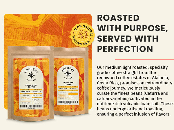 Two bags of Hochevar Costa Rican coffee displayed beside text describing their artisanal roasting process and emphasis on high-quality, naturally sourced beans.